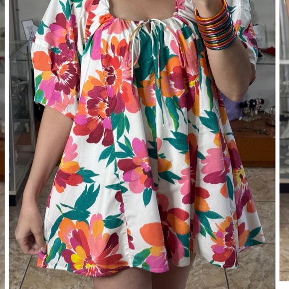 NWOT Peach Love California Oversized Puffed Sleeve Floral Multicolor Romper - Picture 6 of 7